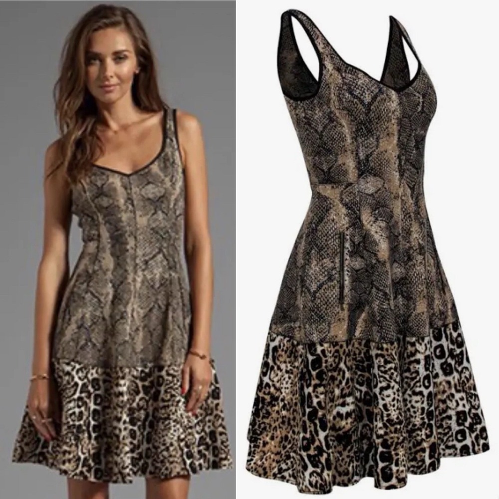 Tracy Reese Snake-Print Bodice with Leopard Hem Mini Dress - Brown